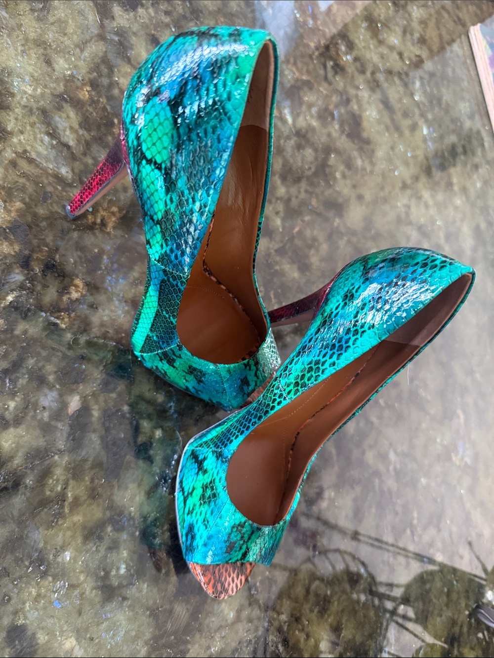 Boutique 9 Teal and Pink Snake-Print Stiletto Pumps